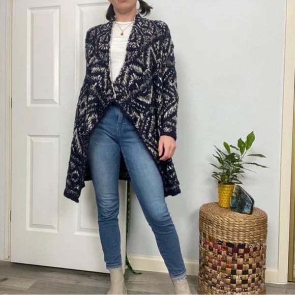 Lucky Brand Navy Geometric Intarsia Alpaca Blend Knit Sweater Cardigan Sz Large - Picture 4 of 11